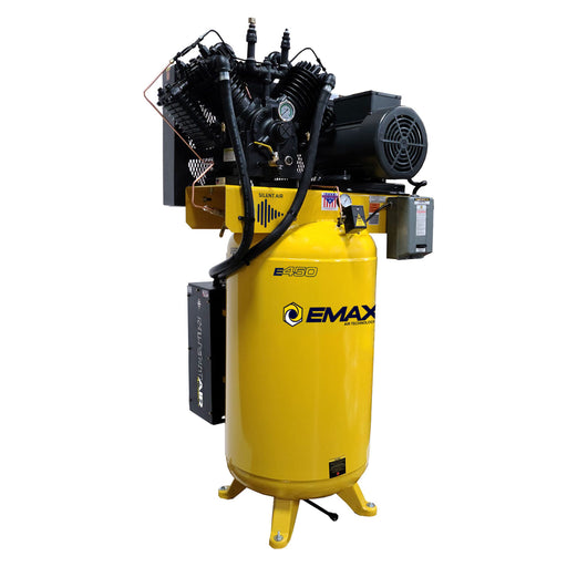 EMAX E450 10 HP two-stage Silent Air compressor on a yellow 80-gallon vertical tank, single-phase