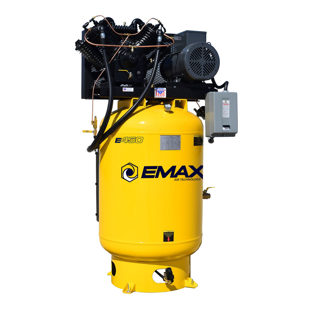 EMAX Silent Air 120-gallon vertical air compressor with two-stage pump and Silent Air enclosure in front view