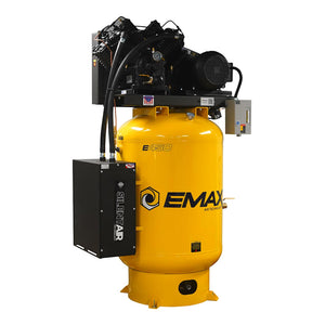 Three-quarter front view of the EMAX vertical air compressor and Silent Air enclosure