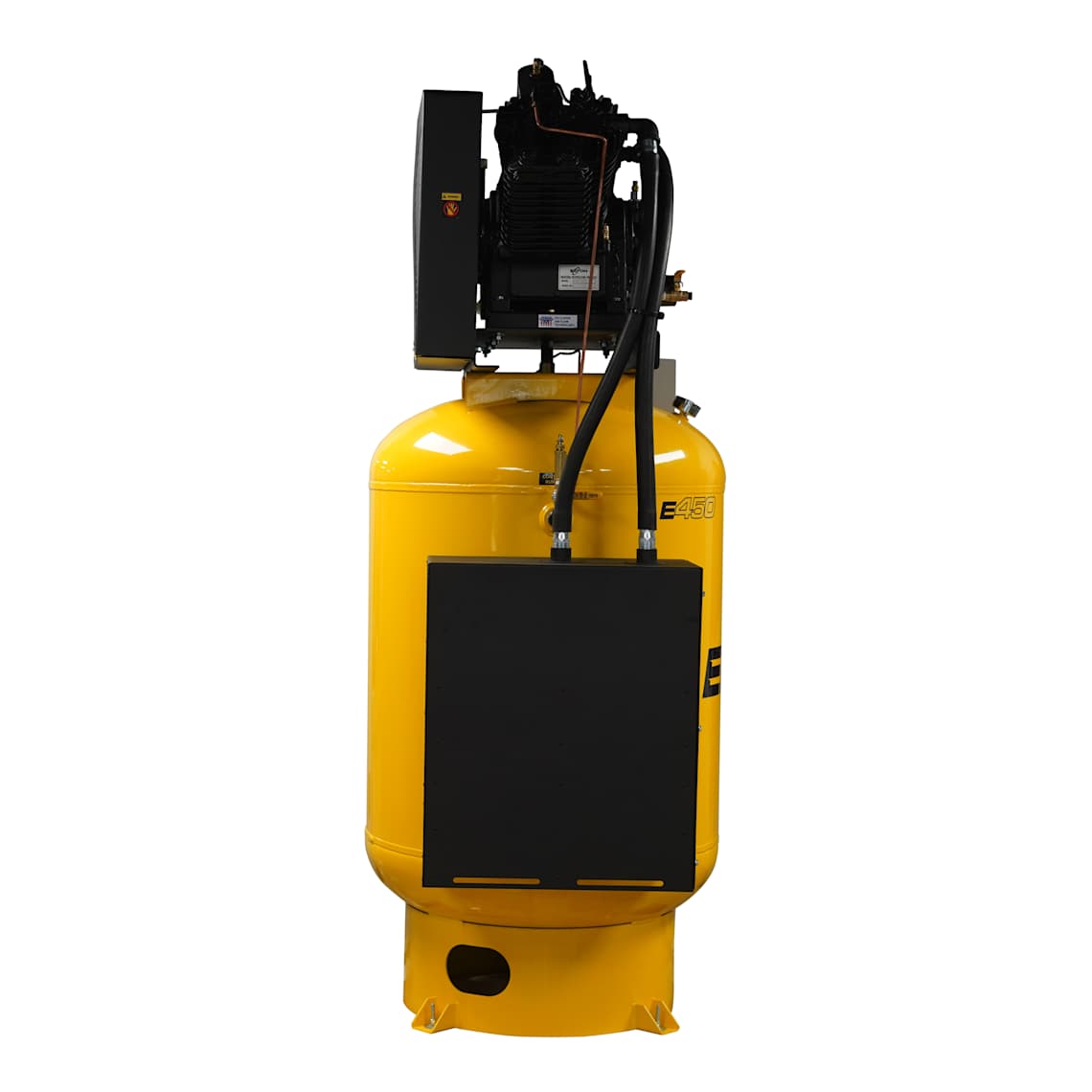 Side view of the EMAX vertical air compressor showing the finned pump head and motor