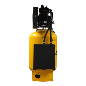 Side view of the EMAX vertical air compressor showing the finned pump head and motor