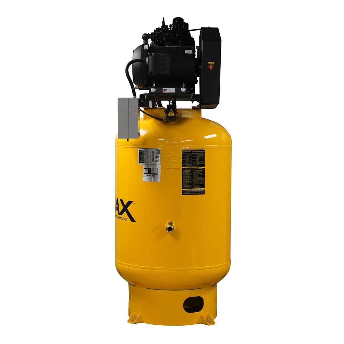 Angled view of the EMAX vertical air compressor with electric motor and tank decals