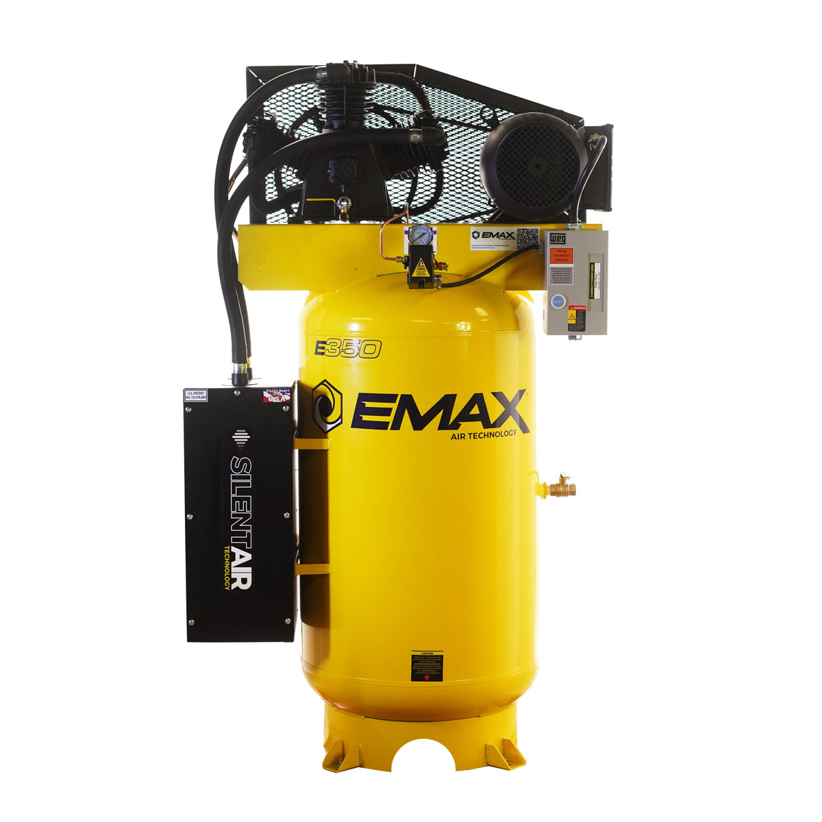 EMAX 80-gallon air compressor front view with pump, motor, Silent Air silencer, and magnetic starter
