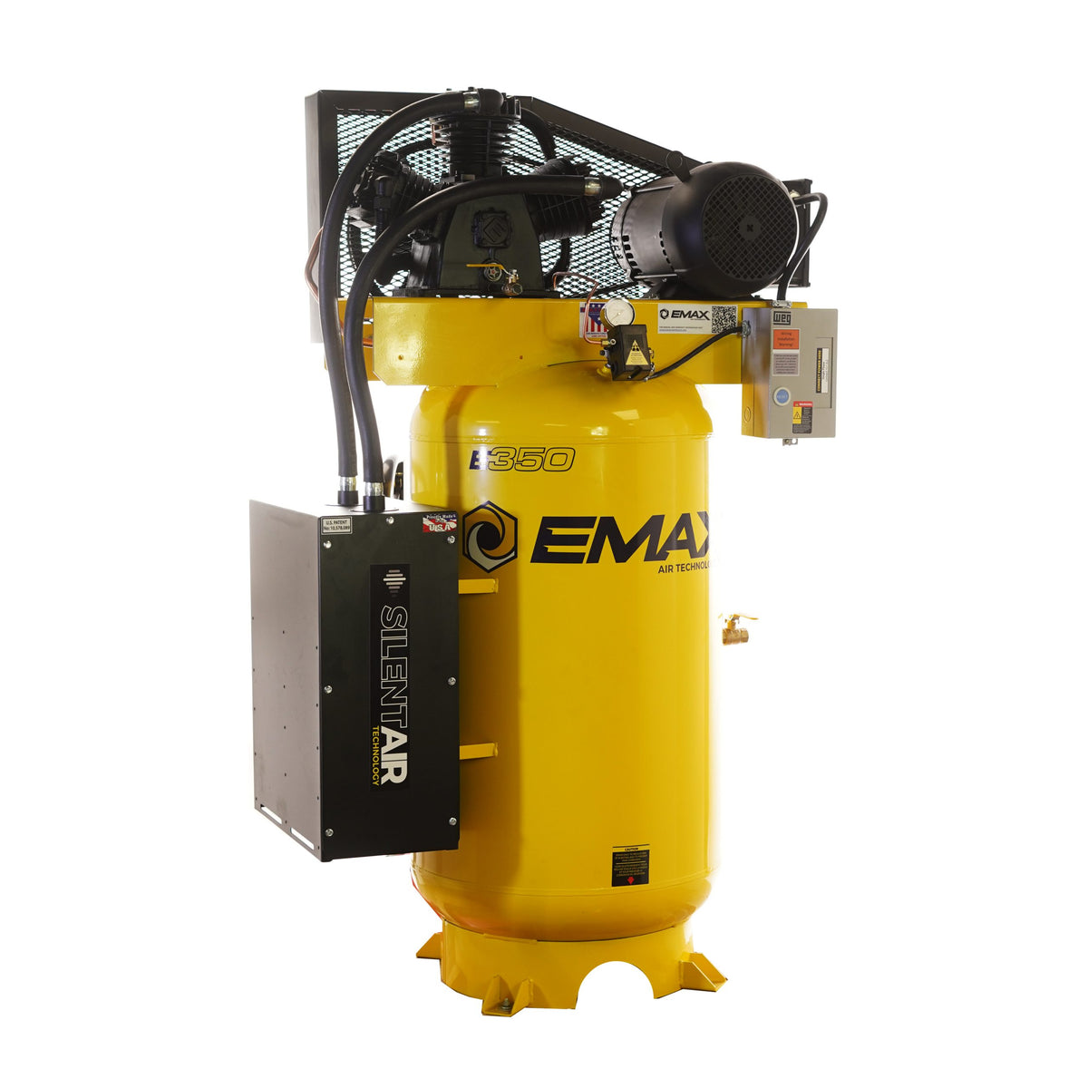 EMAX Silent Air 80-gallon vertical air compressor with Silent Air silencer, pump, and electric motor