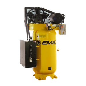 EMAX Silent Air 80-gallon vertical air compressor with Silent Air silencer, pump, and electric motor
