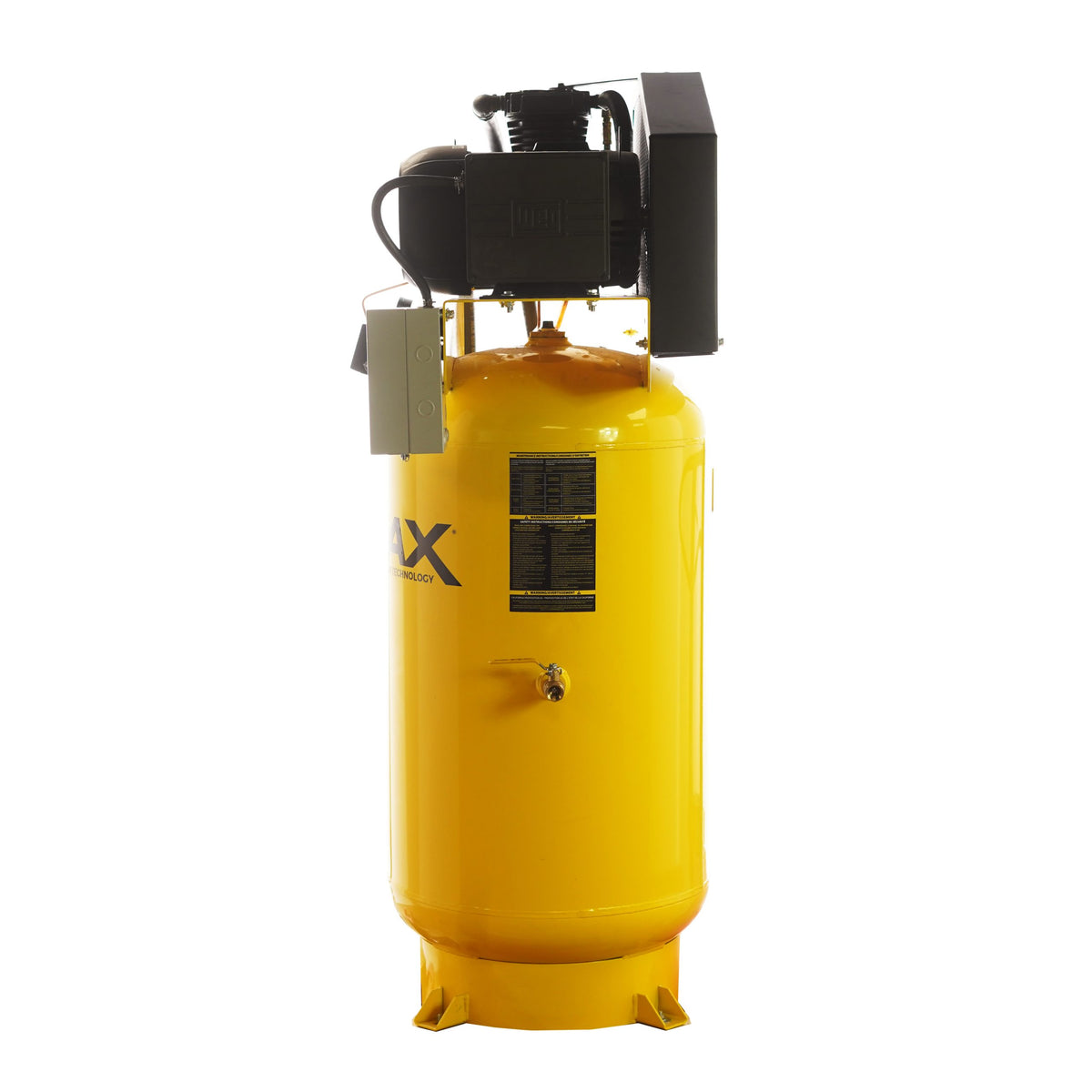 EMAX air compressor motor-side view with WEG electric motor, pump head, and magnetic starter box