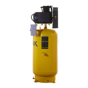 Side view of EMAX vertical air compressor showing WEG electric motor, gray magnetic starter, and tank drain valve