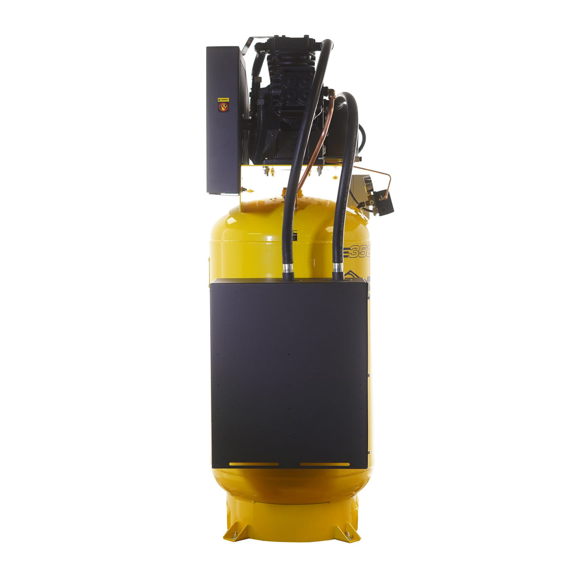 Side view of EMAX air compressor with finned pump head and black Silent Air baffle enclosure