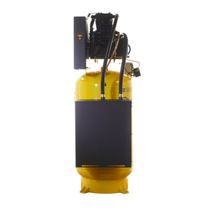 Side view of EMAX air compressor with finned pump head and black Silent Air baffle enclosure