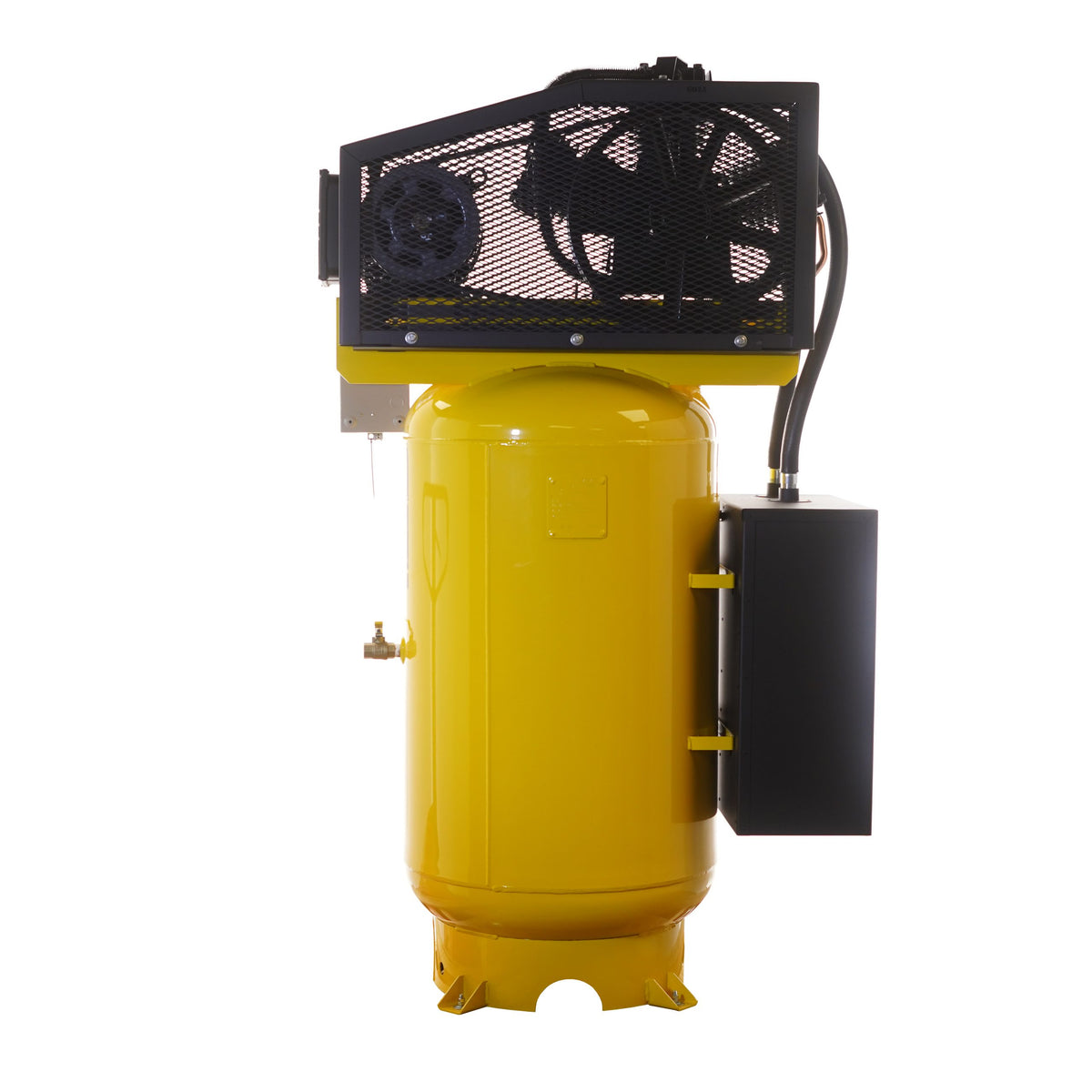 Side view of EMAX air compressor with black expanded-metal belt guard over the flywheel and side silencer box