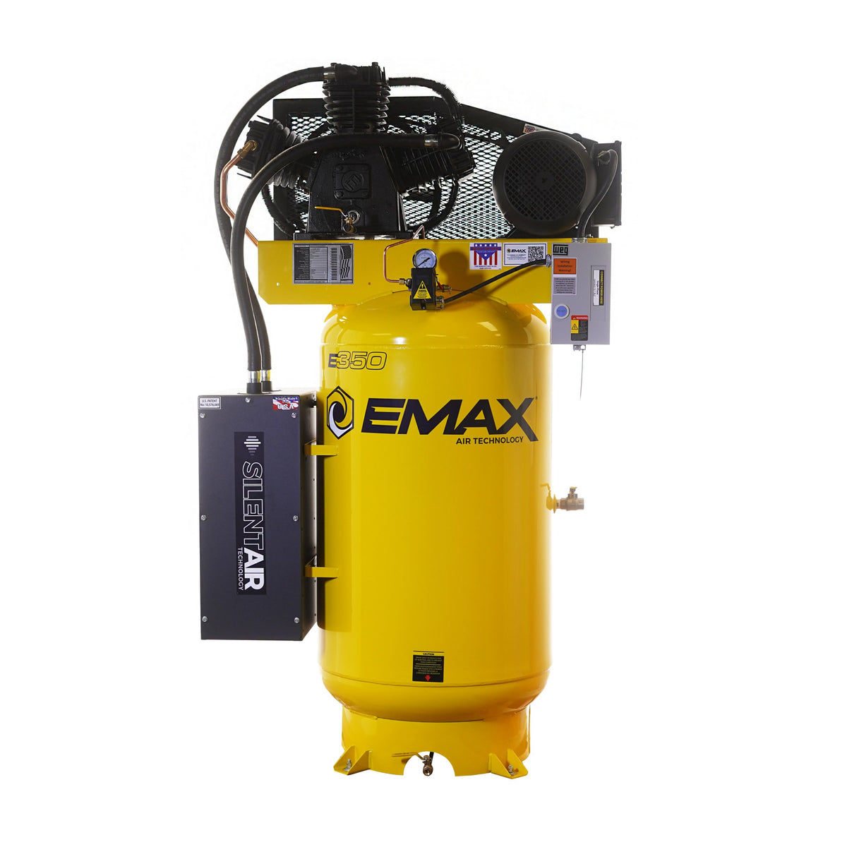 Front view of EMAX Silent Air compressor showing finned pump head, WEG motor, pressure gauge, and silencer box