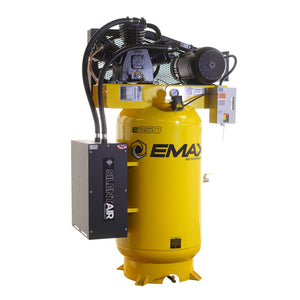 EMAX Silent Air vertical air compressor, front view, with side-mounted Silent Air silencer and top pump and motor