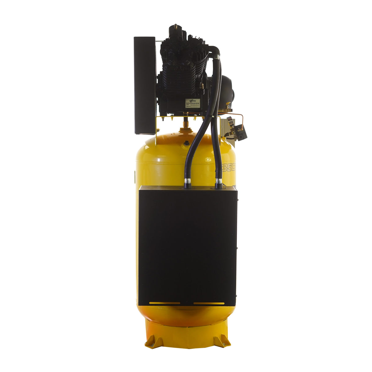 Side view of the EMAX 80-gallon vertical air compressor and two-stage pump