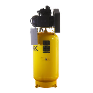 Front view of the EMAX vertical compressor with side-mounted control box and tank drain