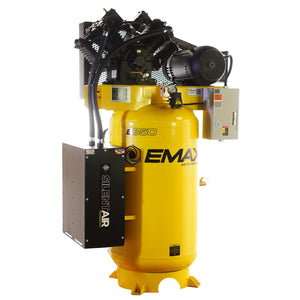 EMAX Silent Air 10 HP 80-gallon two-stage air compressor, yellow vertical tank