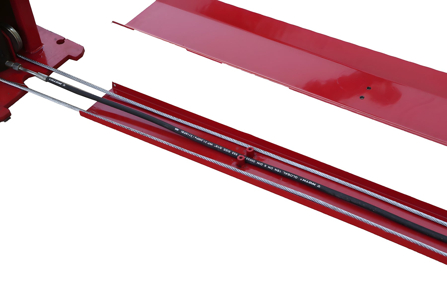 Floor plate channel with hydraulic hose and two equalizer cables routed between the columns