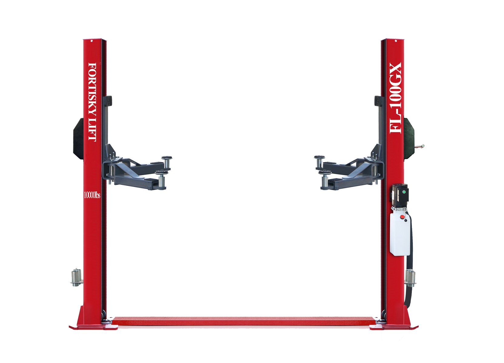 Fortisky FL-100GX 10,000 lb base plate two-post lift, red columns with grey symmetric arms and power unit
