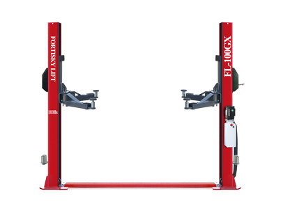 Fortisky FL-100GX 10,000 lb base plate two-post lift, red columns with grey symmetric arms and power unit