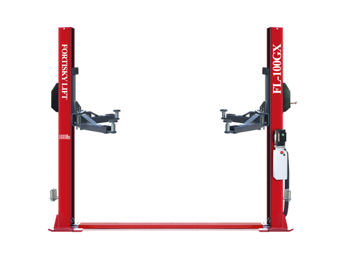 Fortisky FL-100GX 10,000 lb base plate two-post lift, red columns with grey symmetric arms and power unit
