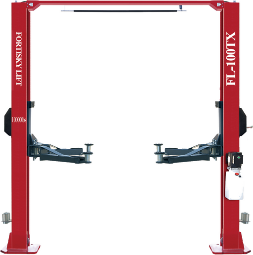 Fortisky FL-100TX 10,000 lb overhead two-post lift, red columns with overhead beam, grey symmetric arms and power unit