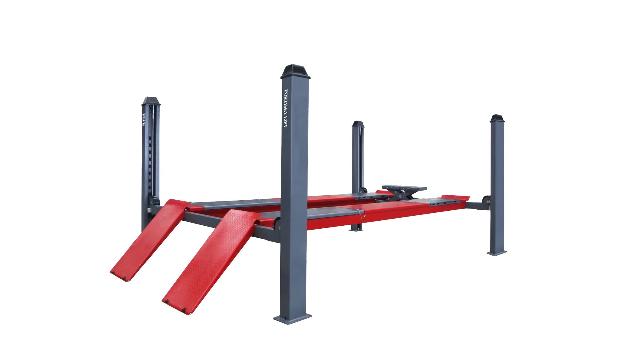 Fortisky FL-110AL 11,000 lb four-post alignment lift with red runways, slip plates, rolling jack and approach ramps