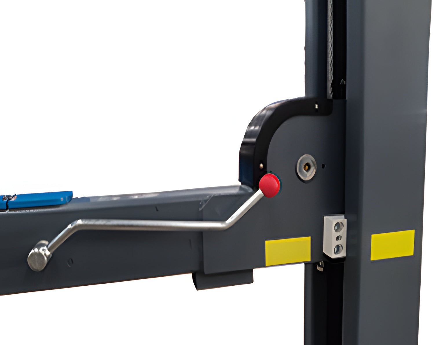 Runway end at the post with the lock release rod and yellow safety stripes