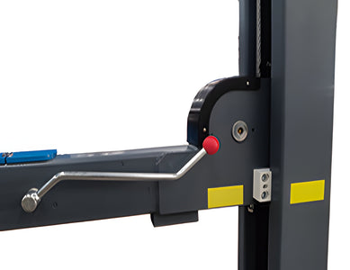 Runway end at the post with the lock release rod and yellow safety stripes