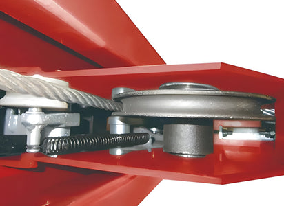 Cable sheave and spring inside the runway cross-beam