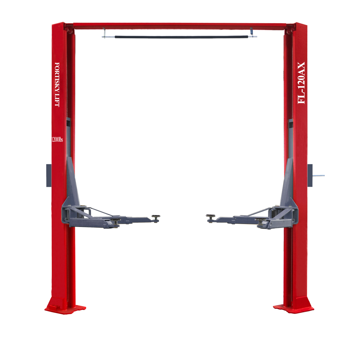 Fortisky FL-120AX 12,000 lb asymmetric overhead two-post lift, red columns with overhead beam and grey asymmetric arms