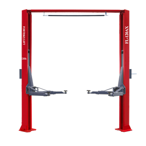Fortisky FL-120AX 12,000 lb asymmetric overhead two-post lift, red columns with overhead beam and grey asymmetric arms