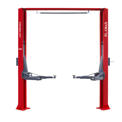 Fortisky FL-120AX 12,000 lb asymmetric overhead two-post lift, red columns with overhead beam and grey asymmetric arms