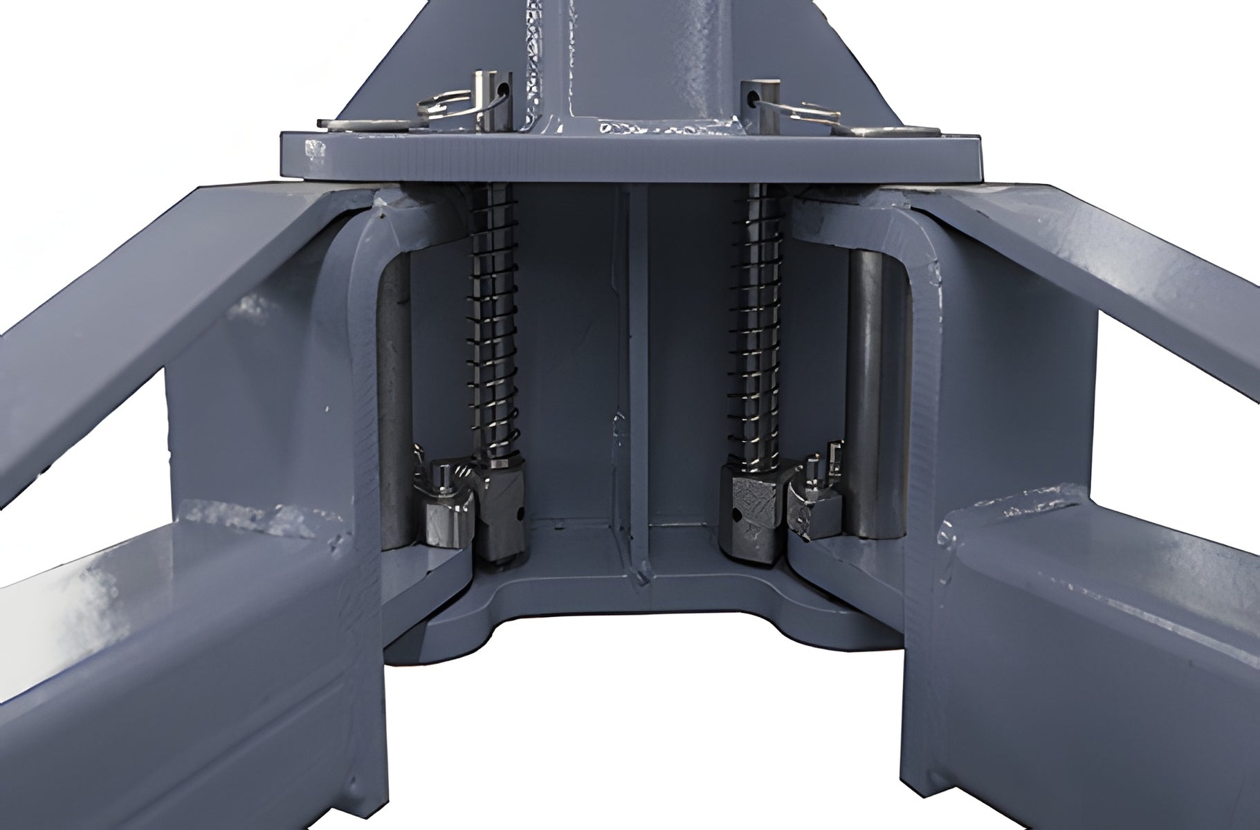 Carriage front view showing both spring-loaded arm restraint gears