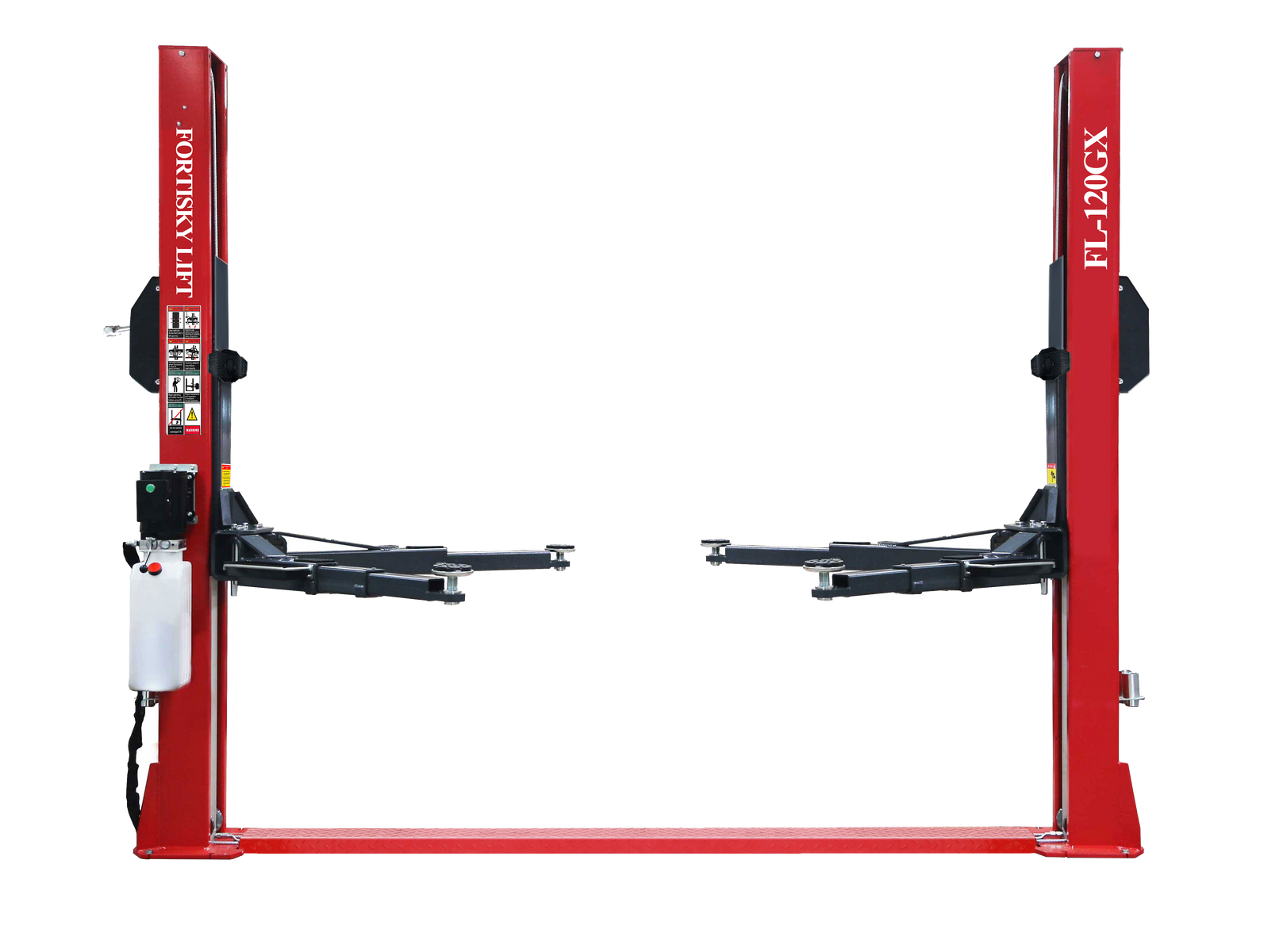 Fortisky FL-120GX 12,000 lb base plate two-post lift, red columns with telescoping arms, floor plate and power unit
