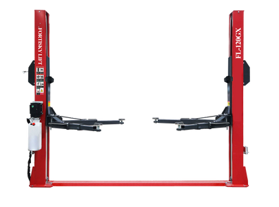 Fortisky FL-120GX 12,000 lb base plate two-post lift, red columns with telescoping arms, floor plate and power unit