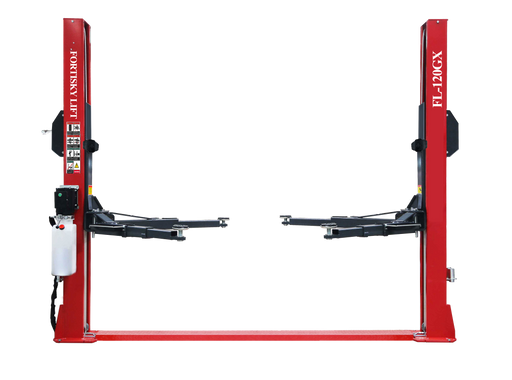 Fortisky FL-120GX 12,000 lb base plate two-post lift, red columns with telescoping arms, floor plate and power unit