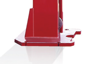 Red column base plate with anchor holes and cable