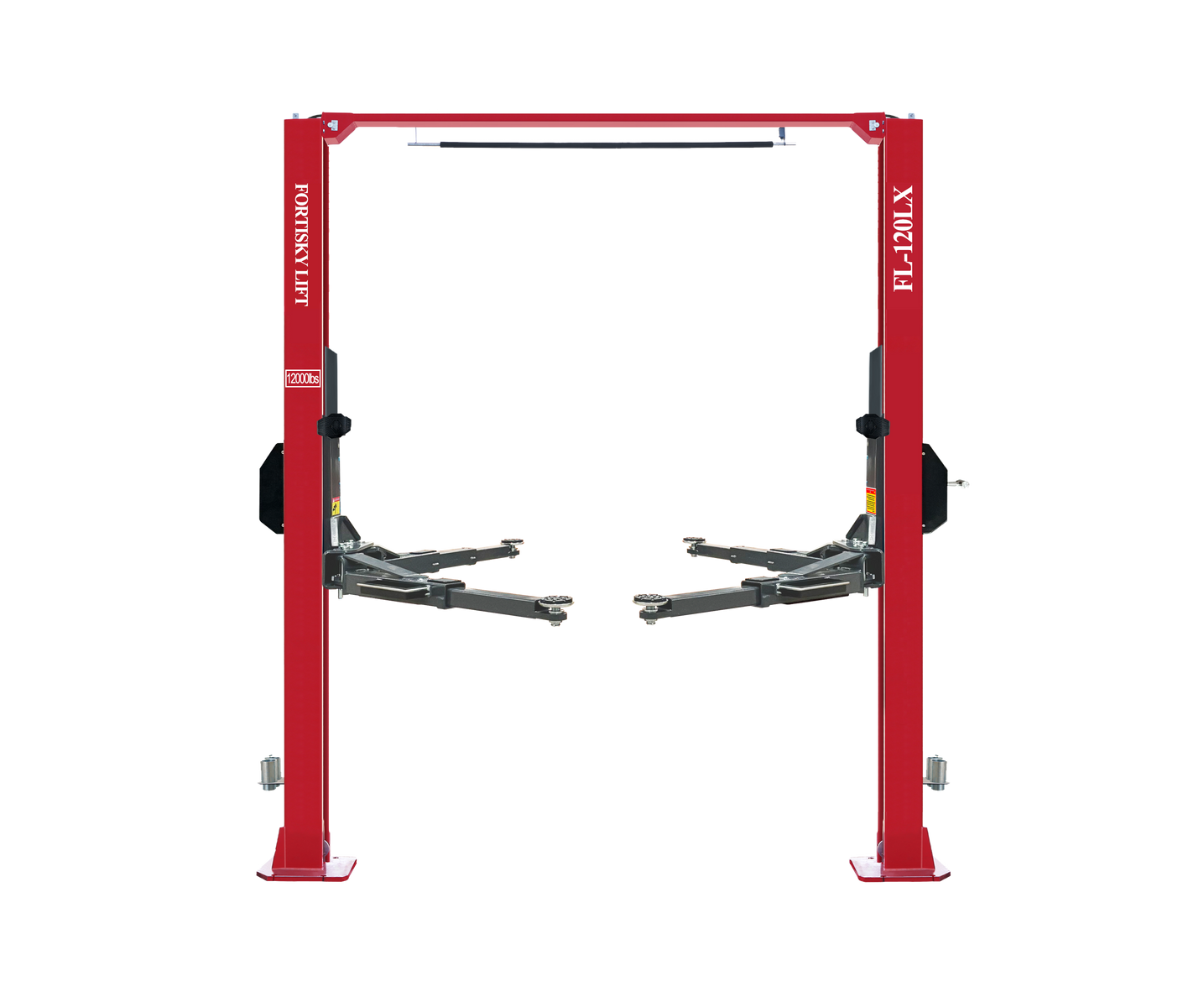 Fortisky FL-120LX 12,000 lb overhead two-post lift, red columns with overhead beam and grey telescoping arms