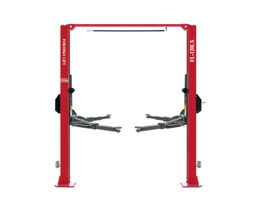 Fortisky FL-120LX 12,000 lb overhead two-post lift, red columns with overhead beam and grey telescoping arms
