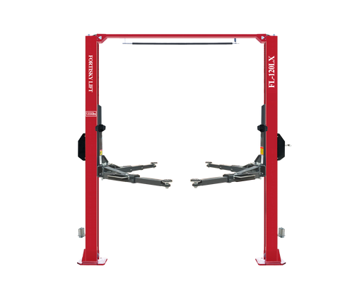 Fortisky FL-120LX 12,000 lb overhead two-post lift, red columns with overhead beam and grey telescoping arms