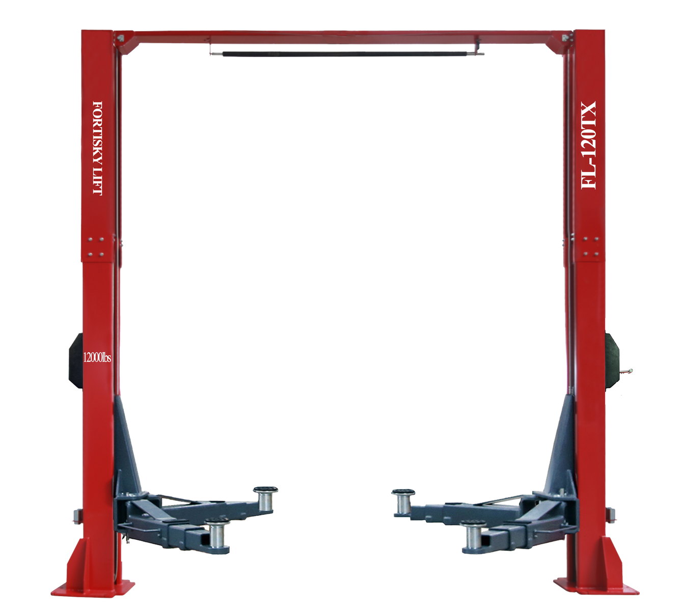 Fortisky FL-120TX 12,000 lb direct-drive overhead two-post lift, red columns with overhead beam and grey three-stage telescoping arms