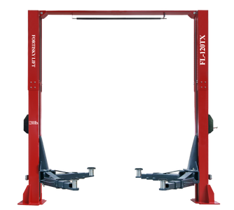 Fortisky FL-120TX 12,000 lb direct-drive overhead two-post lift, red columns with overhead beam and grey three-stage telescoping arms