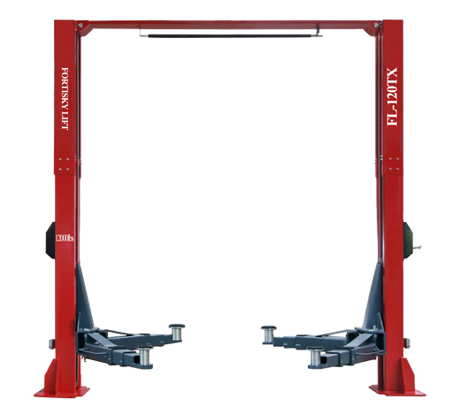 Fortisky FL-120TX 12,000 lb direct-drive overhead two-post lift, red columns with overhead beam and grey three-stage telescoping arms