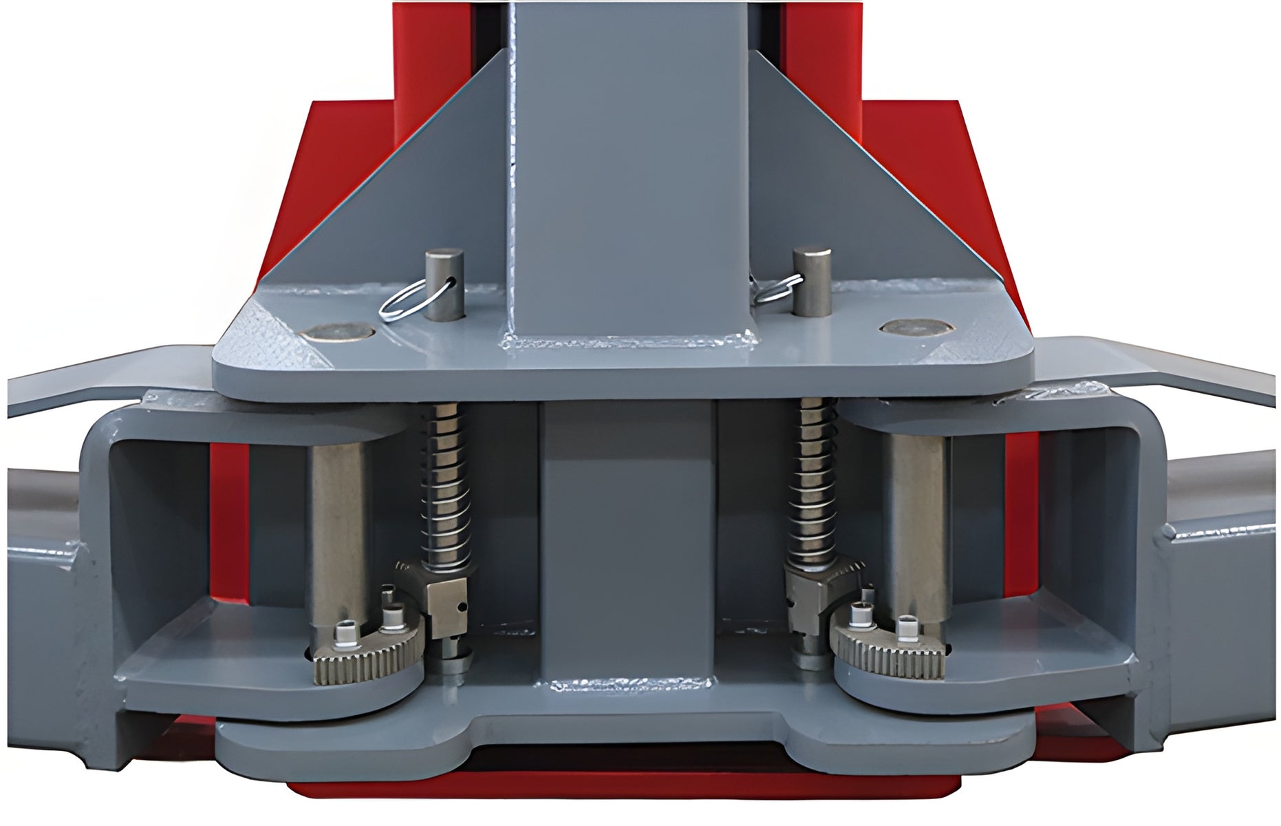 Carriage front view showing both spring-loaded arm restraint gears