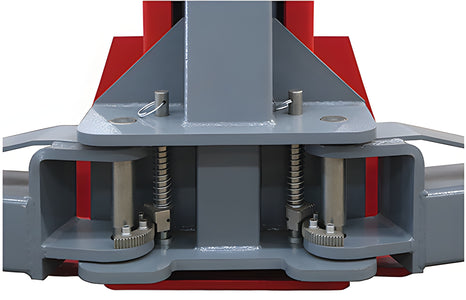 Carriage front view showing both spring-loaded arm restraint gears