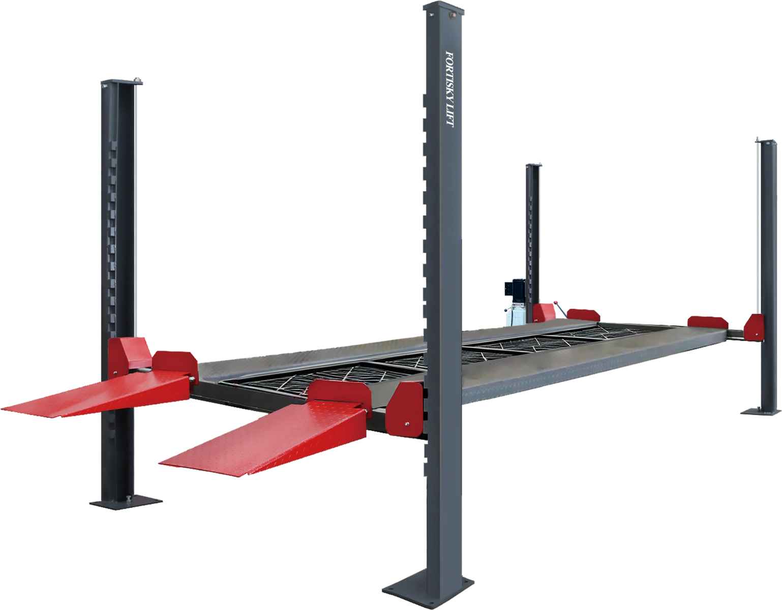 Fortisky FL-90PL 9,000 lb four-post parking lift with diamond-plate runways, red ramps and drip trays