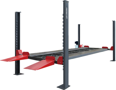 Fortisky FL-90PL 9,000 lb four-post parking lift with diamond-plate runways, red ramps and drip trays