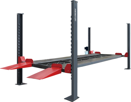 Fortisky FL-90PL 9,000 lb four-post parking lift with diamond-plate runways, red ramps and drip trays