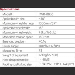 Fortisky FWB-8833 3D Wave Radar Wheel Balancer Dynamic Display Screen w/ Laser Light Specifications