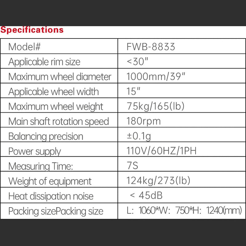 Fortisky FWB-8833 3D Wave Radar Wheel Balancer Dynamic Display Screen w/ Laser Light Specifications