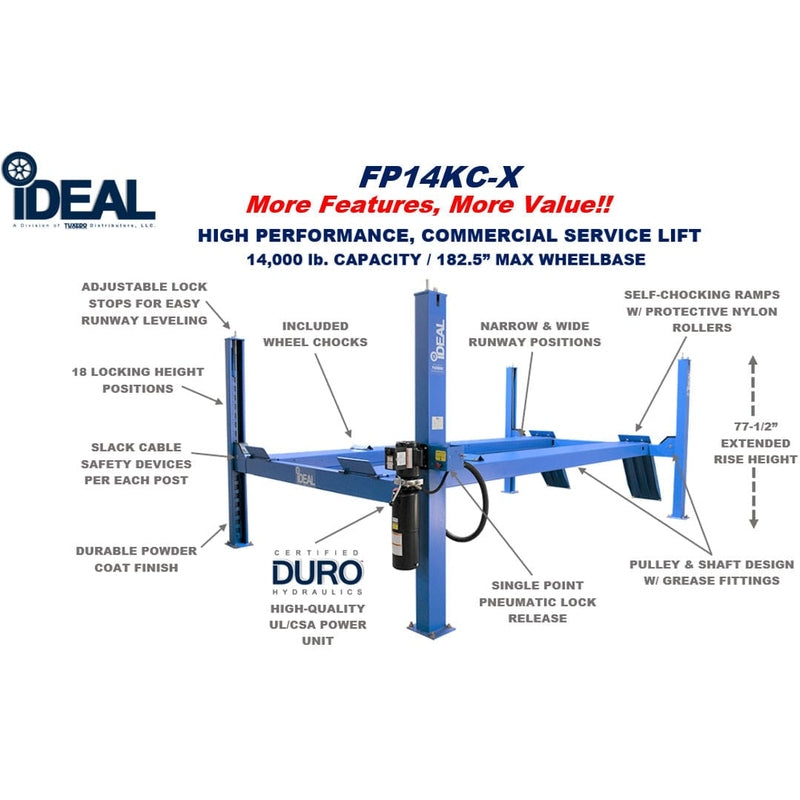 iDEAL FP14KC-X 14,000 lb. 4 Post Service Lift 182.5" WB (Closed Front / Cable Pull) - Product Features